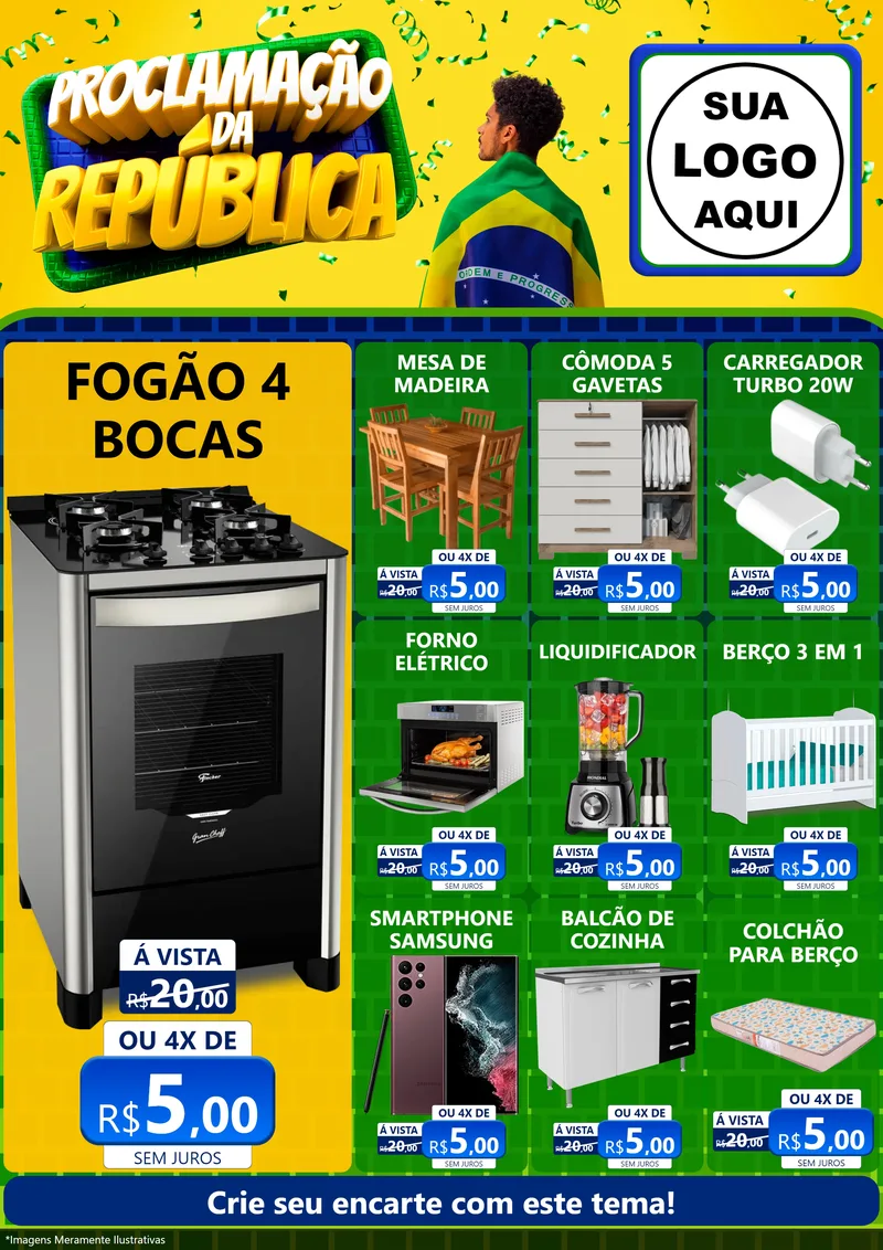 Modelo de Encarte para Encarte A4 Vertical com o tema Proclamação da República para Móveis e Eletro