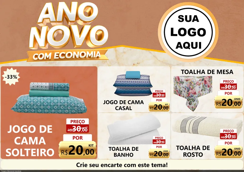 Modelo de Encarte para Encarte A4 Horizontal com o tema Ano Novo Com Economia para Cama, Mesa e Banho