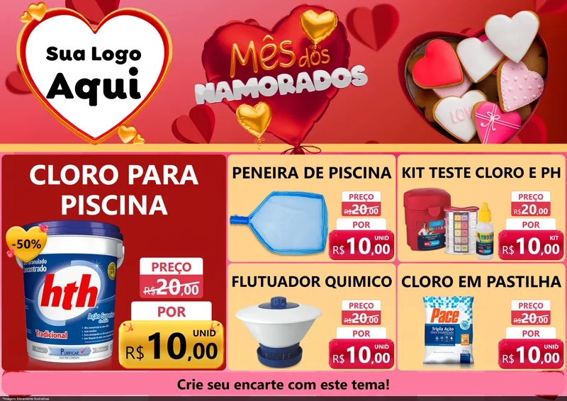 Modelo de Encarte para Encarte A4 Horizontal com o tema Mês dos Namorados para Produtos para Piscina