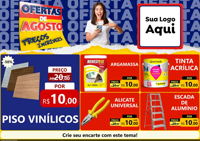 Modelo de Encarte para Encarte A4 Horizontal com o tema Ofertas de Agosto - Preços Incríveis para Material para Construção
