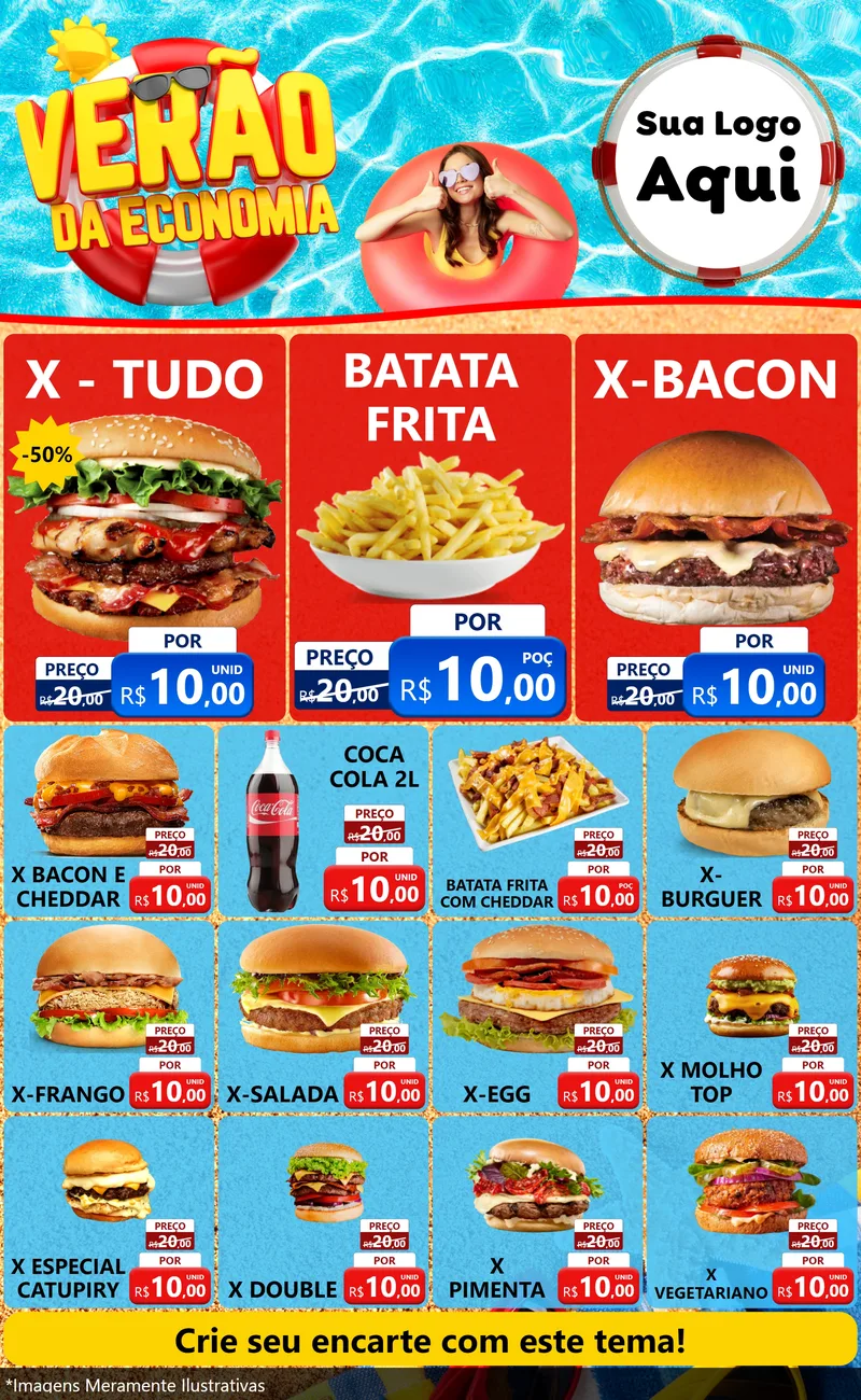 Modelo de Encarte para Encarte Grande com o tema Verão da Economia para Hamburgueria