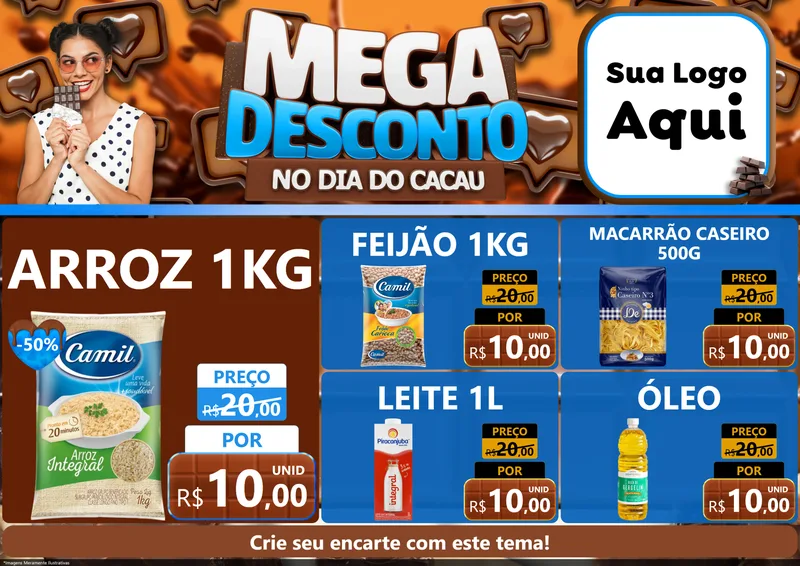 Modelo de Encarte para Encarte A4 Horizontal com o tema Mega Desconto no Dia do Cacau para Supermercado