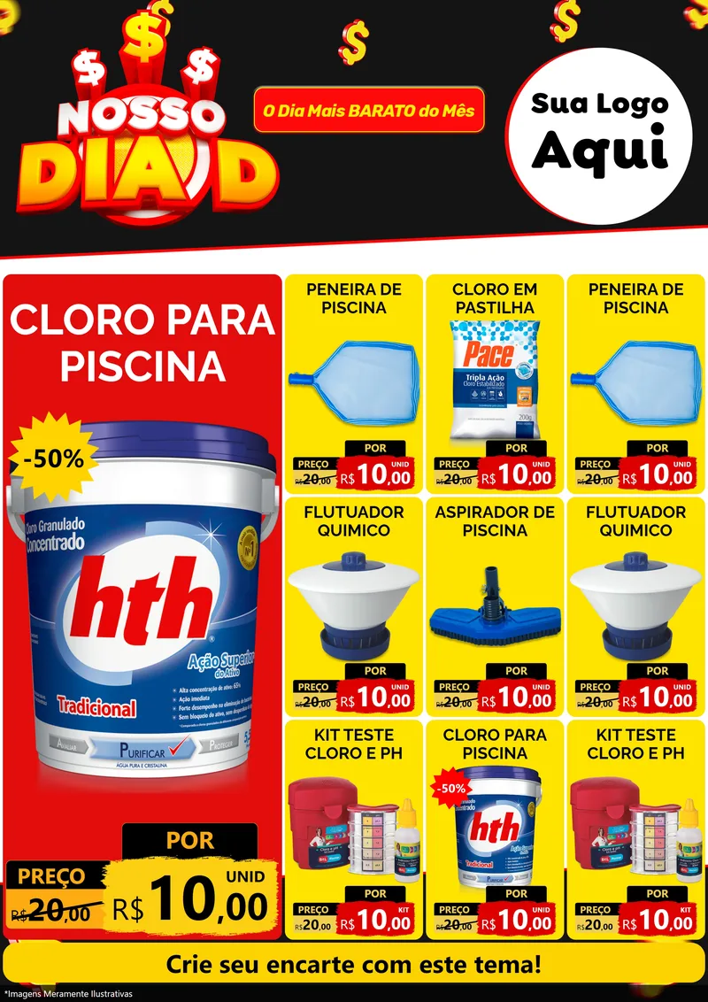Modelo de Encarte para Encarte A4 Vertical com o tema Nosso Dia D para Produtos para Piscina