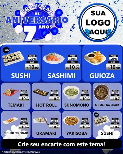 Modelo de Rede Social para Feed Instagram com o tema Promoção de Aniversário - 7 Anos para Comida japonesa