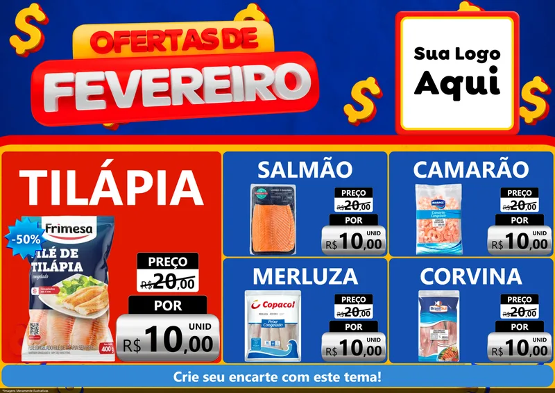 Modelo de Encarte para Encarte A4 Horizontal com o tema Ofertas de Fevereiro para Peixaria