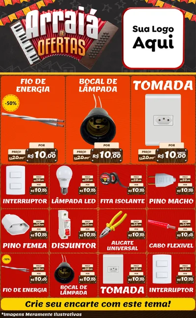 Modelo de Encarte para Encarte Grande com o tema Arraiá de Ofertas - Junina para Materiais Elétricos