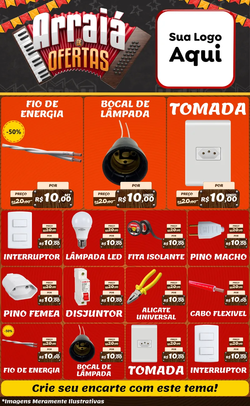 Modelo de Encarte para Encarte Grande com o tema Arraiá de Ofertas - Junina para Materiais Elétricos