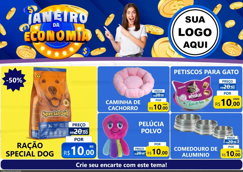 Modelo de Encarte para Encarte A4 Horizontal com o tema Janeiro da Economia para Pet Shop