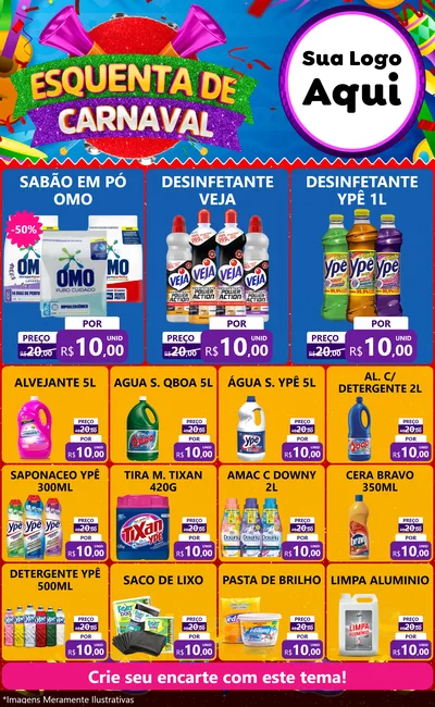 Modelo de Encarte para Encarte Grande com o tema Esquenta de Carnaval para Produtos de Limpeza