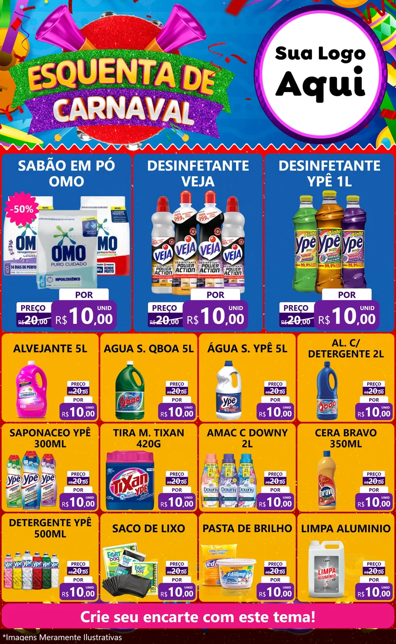 Modelo de Encarte para Encarte Grande com o tema Esquenta de Carnaval para Produtos de Limpeza