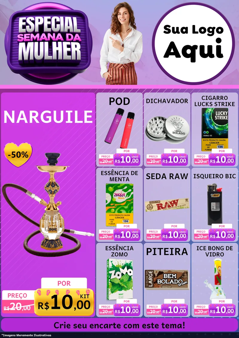 Modelo de Encarte para Encarte A4 Vertical com o tema Especial Semana da Mulher para Tabacaria