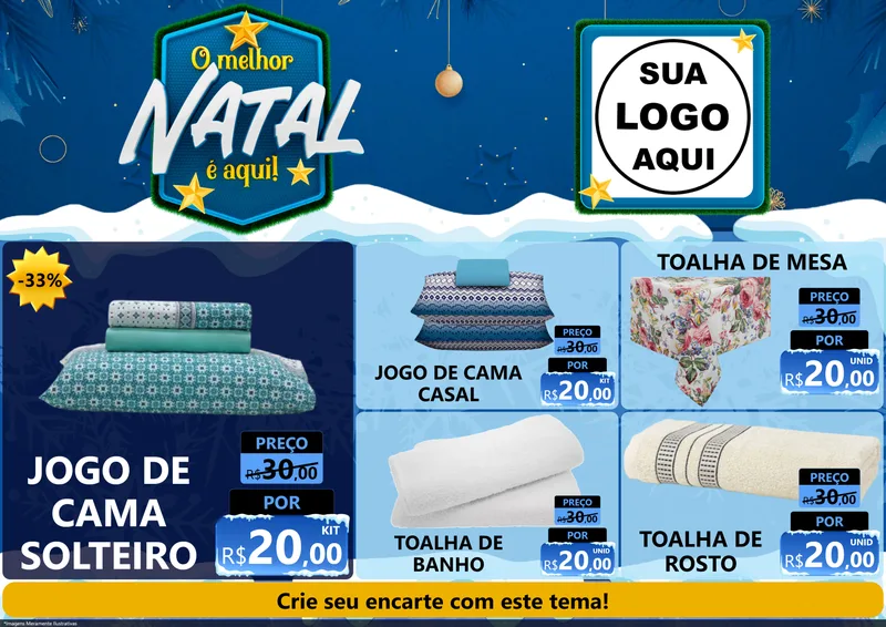 Modelo de Encarte para Encarte A4 Horizontal com o tema O Melhor Natal É Aqui! para Cama, Mesa e Banho