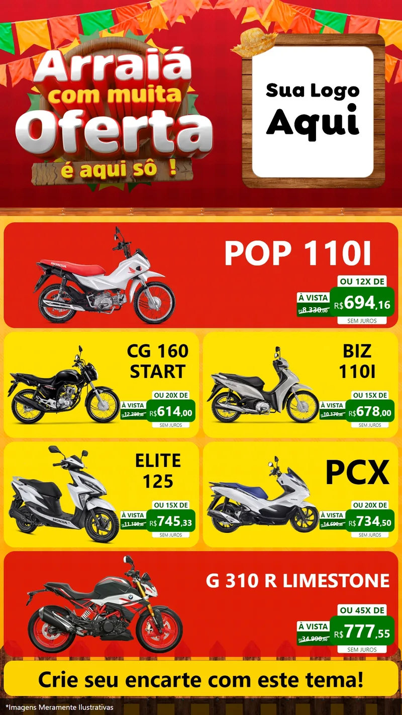 Modelo de TV para TV Vertical com o tema Arraiá Com Muita Oferta - É Aqui Sô! para Concessionaria de Motos
