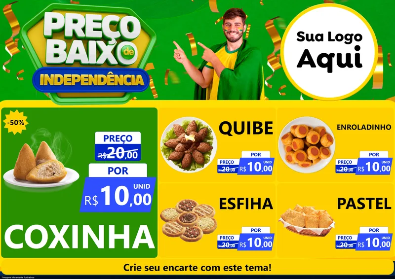 Modelo de Encarte para Encarte A4 Horizontal com o tema Preço Baixo de Independência para Salgadaria