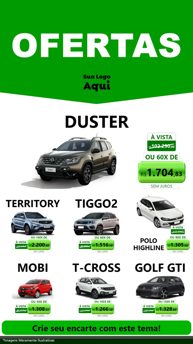 Modelo de Rede Social para Stories com o tema Ofertas Verde Cartaz para Concessionaria de Carros