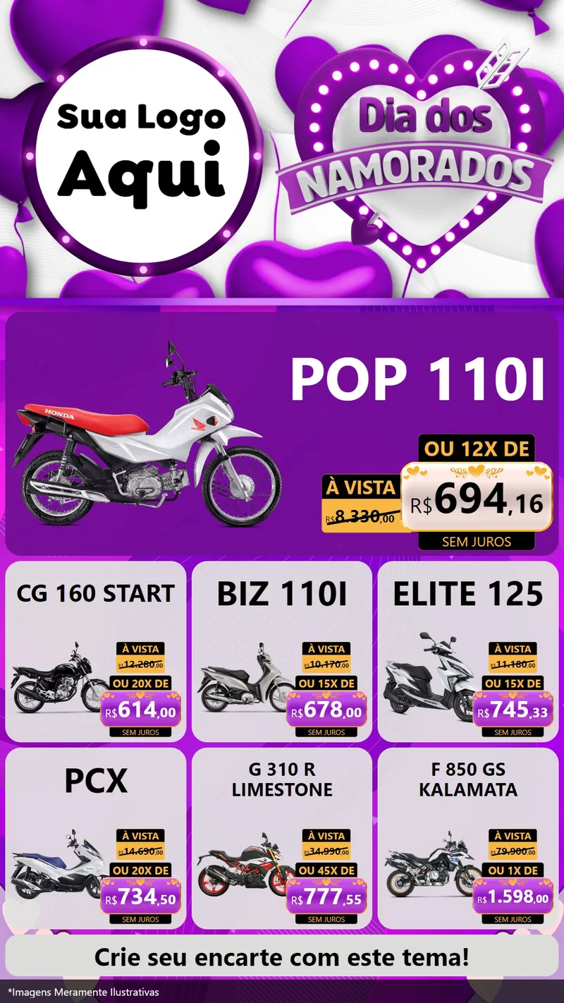 Modelo de Rede Social para Stories com o tema Dia dos Namorados para Concessionaria de Motos