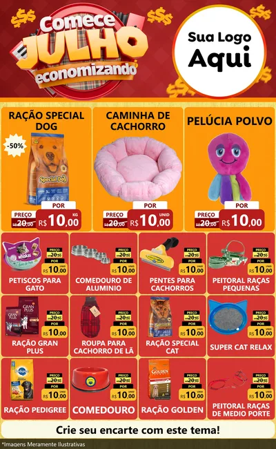 Modelo de Encarte para Encarte Grande com o tema Comece Julho Economizando para Pet Shop