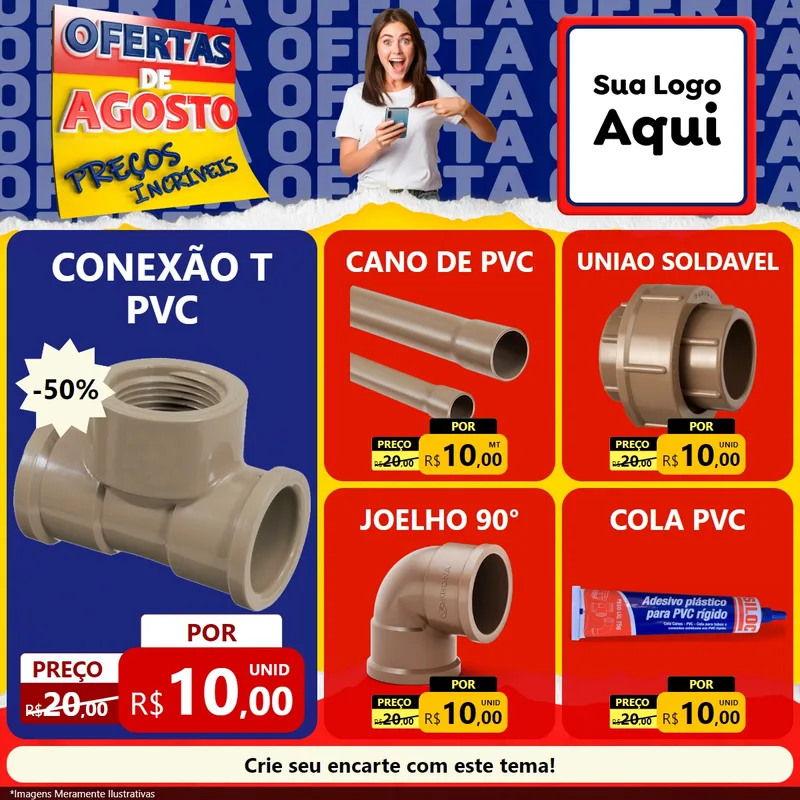 Modelo de Rede Social para Feed Facebook com o tema Ofertas de Agosto - Preços Incríveis para Tubos e conexões