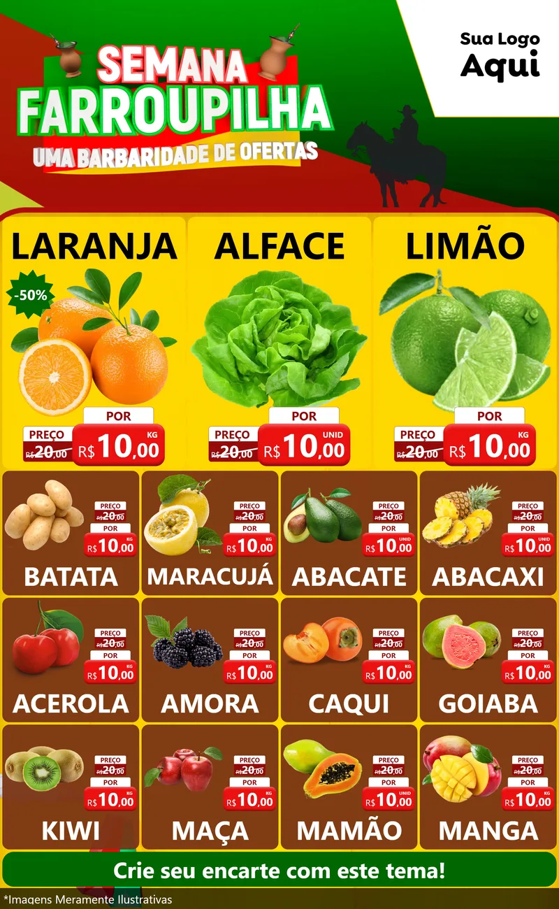 Modelo de Encarte para Encarte Grande com o tema Semana Farroupilha - Uma Barbaridade de Ofertas para Hortifrúti
