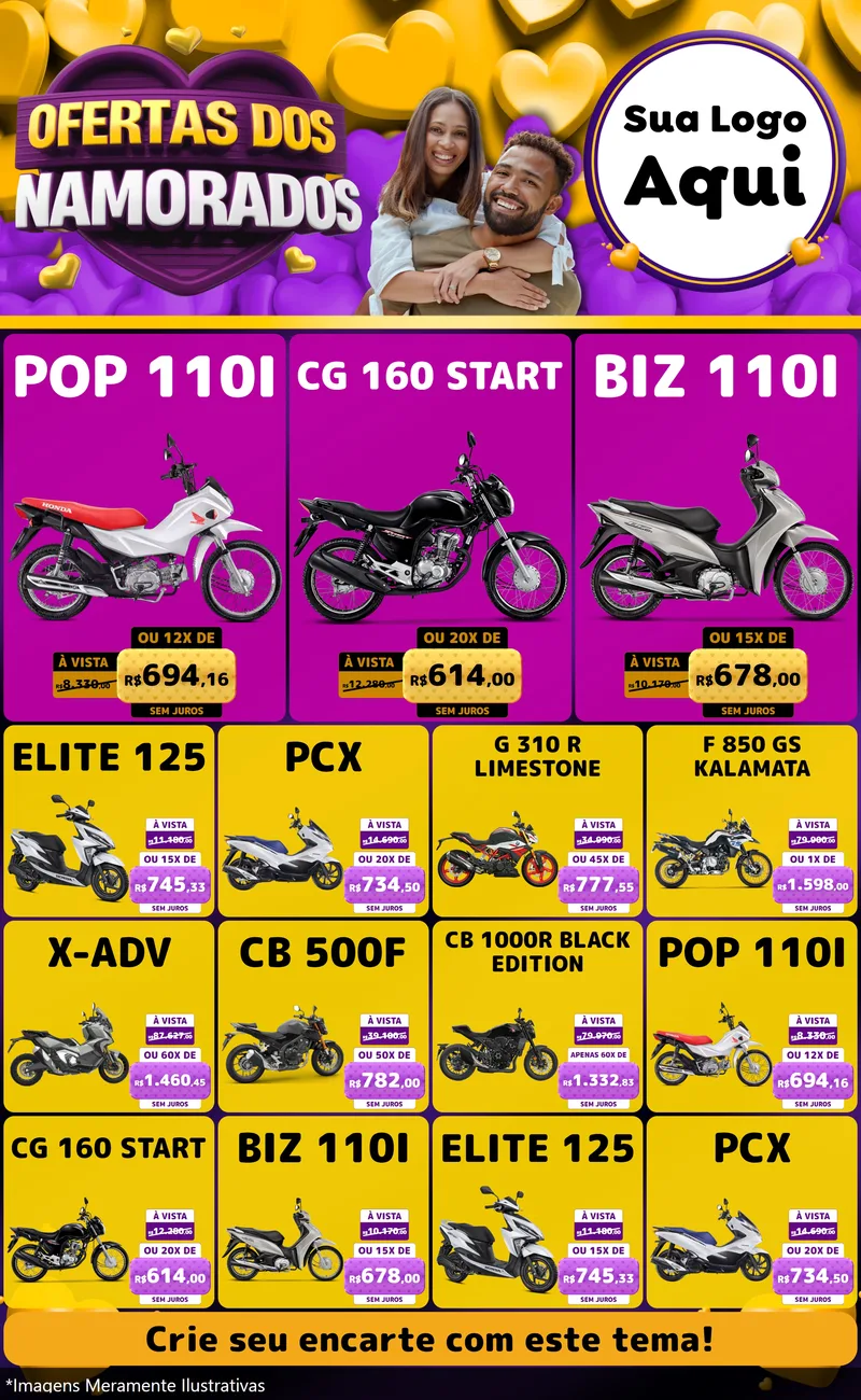 Modelo de Encarte para Encarte Grande com o tema Oferta Dos Namorados para Concessionaria de Motos