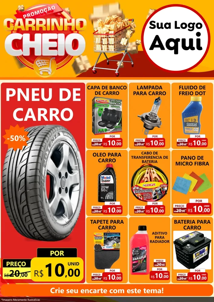 Modelo de Encarte para Encarte A4 Vertical com o tema Promoção carrinho cheio para Auto peças