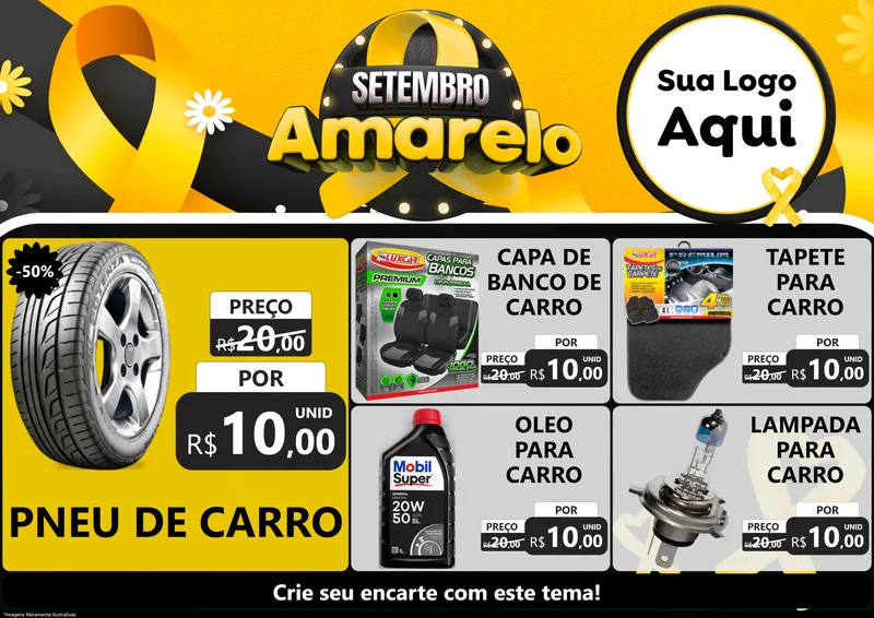 Modelo de Encarte para Encarte A4 Horizontal com o tema Setembro Amarelo para Auto peças
