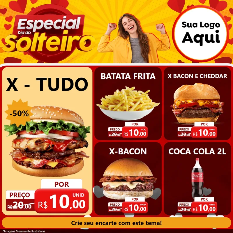Modelo de Rede Social para Feed Facebook com o tema Especial Dia do Solteiro para Hamburgueria
