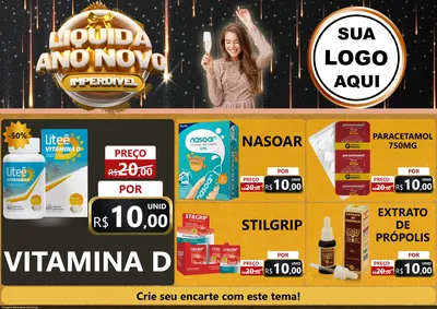 Modelo de Encarte para Encarte A4 Horizontal com o tema Liquida Ano Novo Imperdível para Farmácia