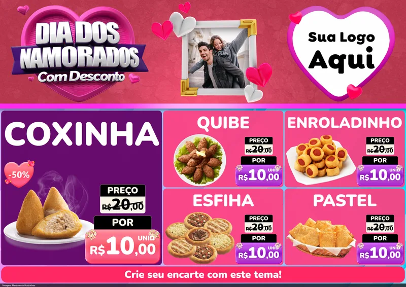 Modelo de Encarte para Encarte A4 Horizontal com o tema Dia Dos Namorados Com Desconto para Salgadaria