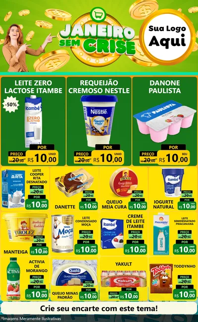 Modelo de Encarte para Encarte Grande com o tema Janeiro Sem Crise para Frios e Laticínios