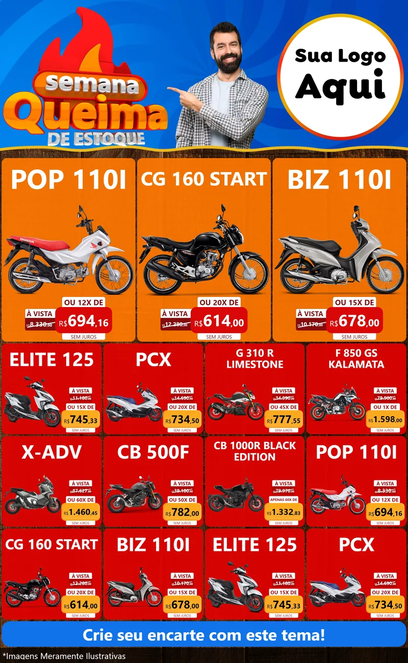 Modelo de Encarte para Encarte Grande com o tema Semana Queima de Estoque para Concessionaria de Motos