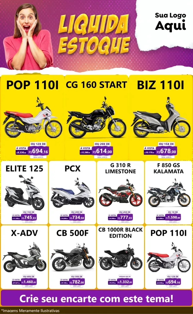Modelo de Encarte para Encarte Grande com o tema Liquida estoque para Concessionaria de Motos