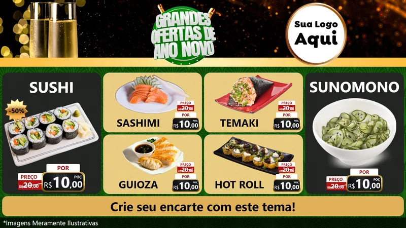 Modelo de TV para TV Horizontal com o tema Grandes Ofertas de Ano Novo para Comida japonesa