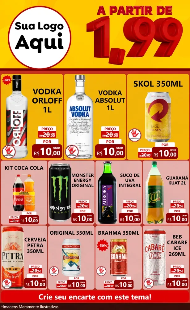 Modelo de Encarte para Encarte Grande com o tema A Partir de Um e Noventa e Nove - 1,99 para Distribuidora de bebidas