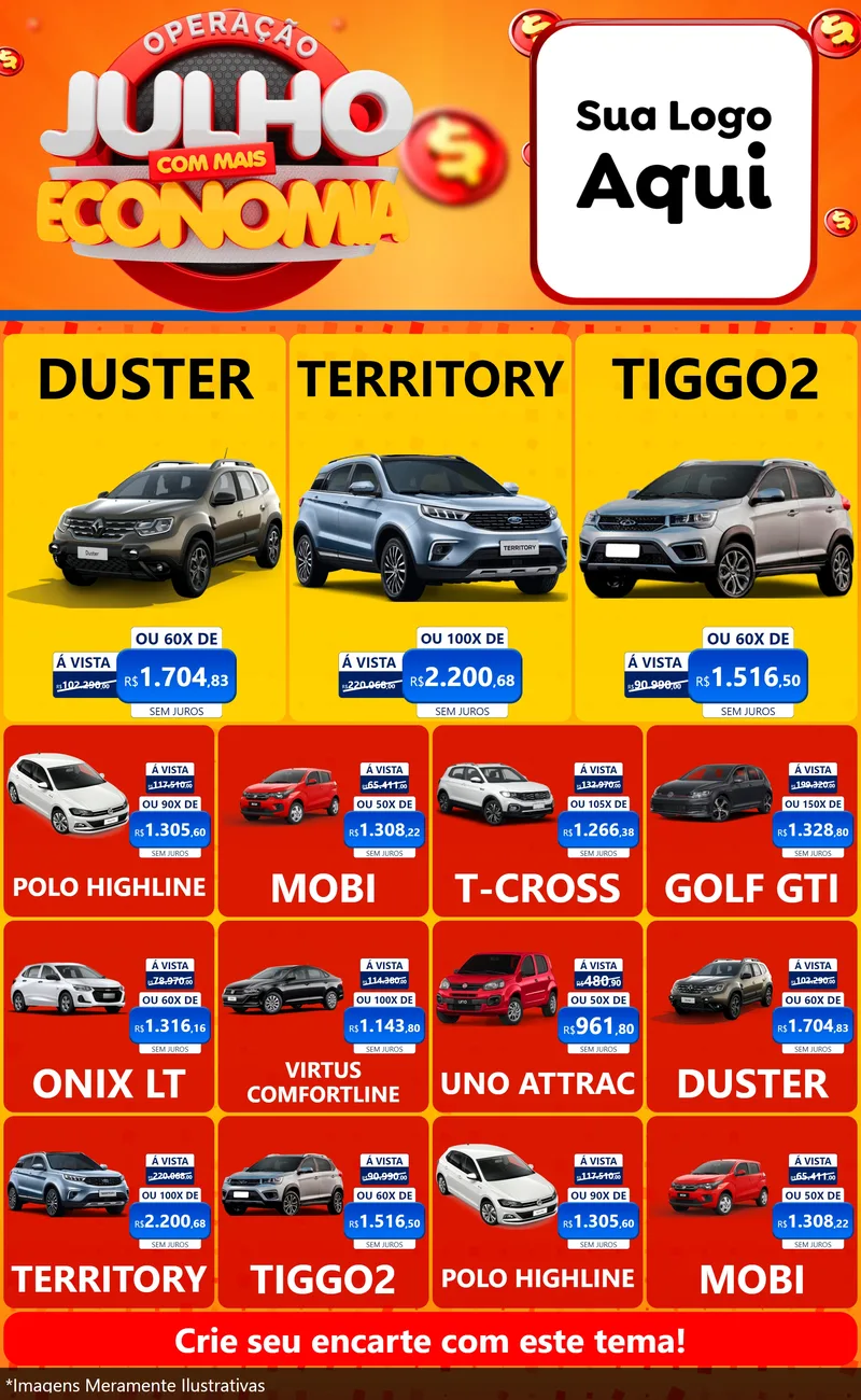 Modelo de Encarte para Encarte Grande com o tema Operação Julho Com Mais Economia para Concessionaria de Carros