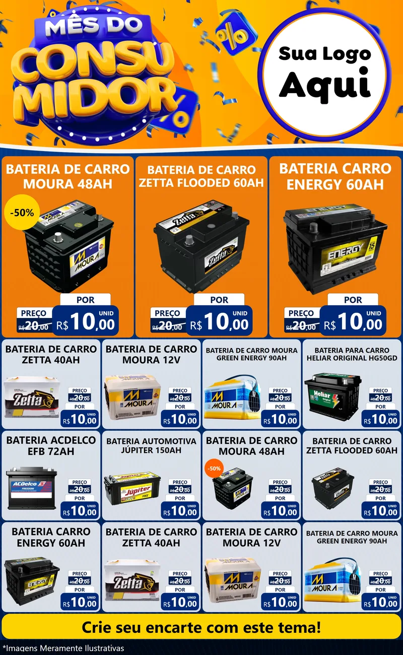 Modelo de Encarte para Encarte Grande com o tema Mês do Consumidor para Baterias Elétricas