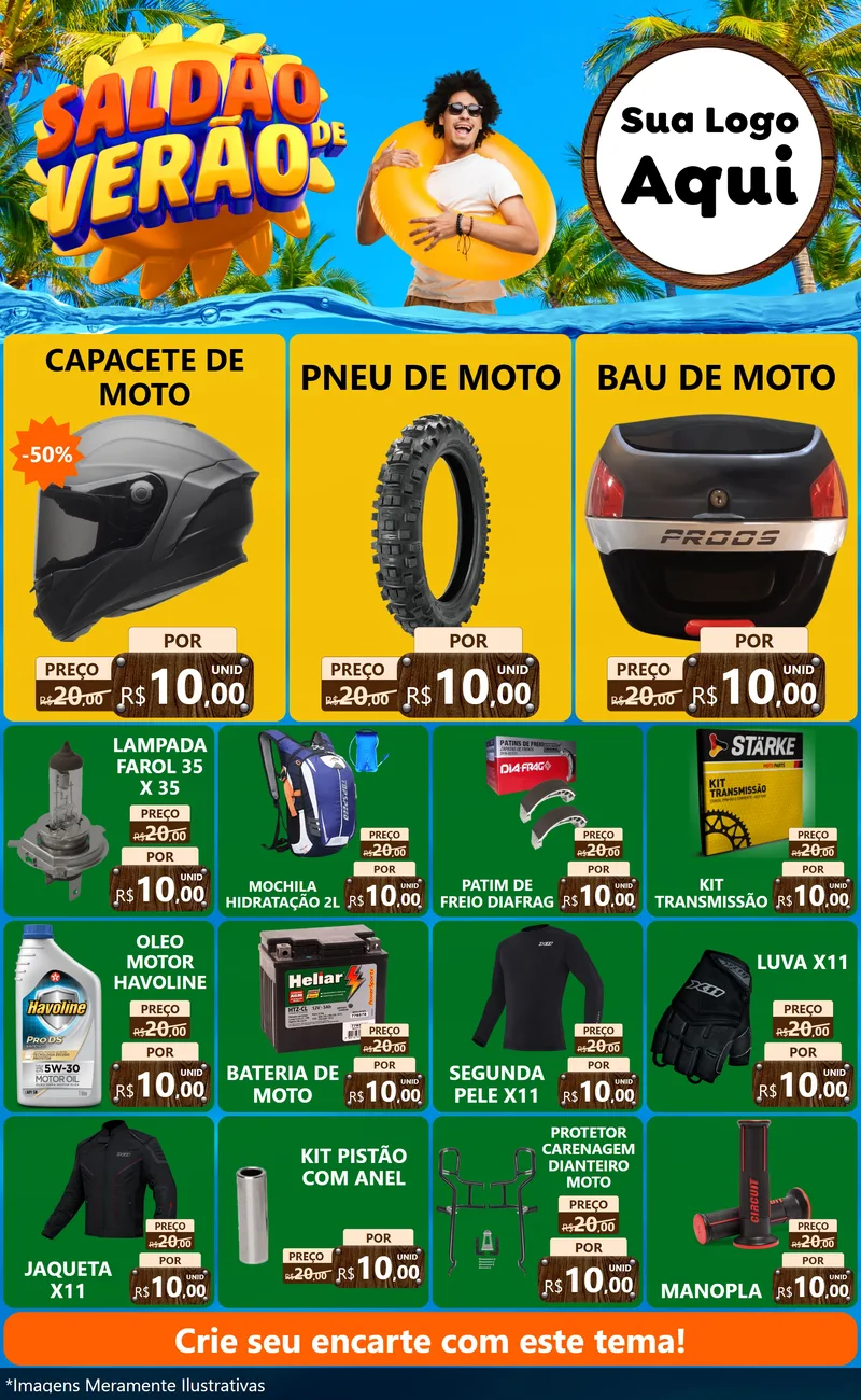 Modelo de Encarte para Encarte Grande com o tema Saldão de Verão para Moto peças