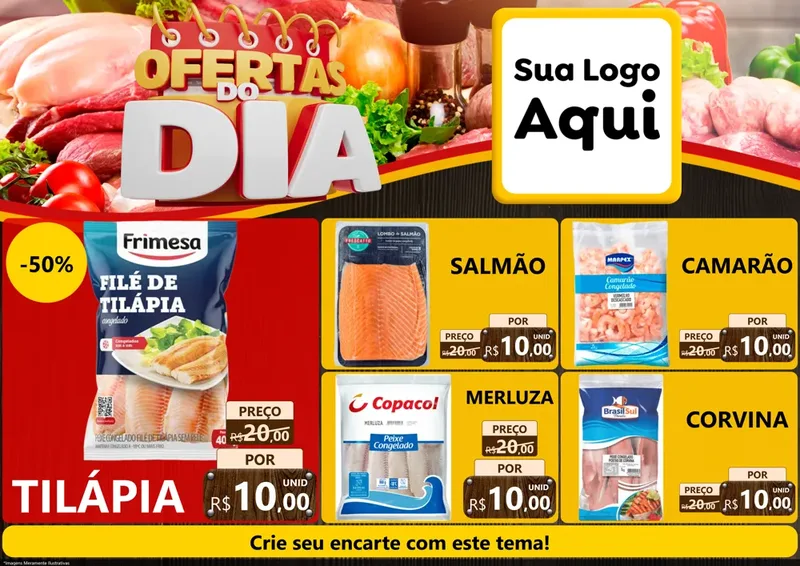 Modelo de Encarte para Encarte A4 Horizontal com o tema Ofertas do Dia para Peixaria