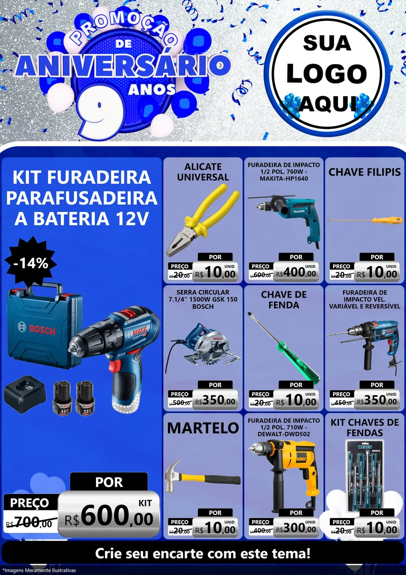 Modelo de Encarte para Encarte A4 Vertical com o tema Promoção de Aniversário - 9 Anos para Maquinas e Ferramentas