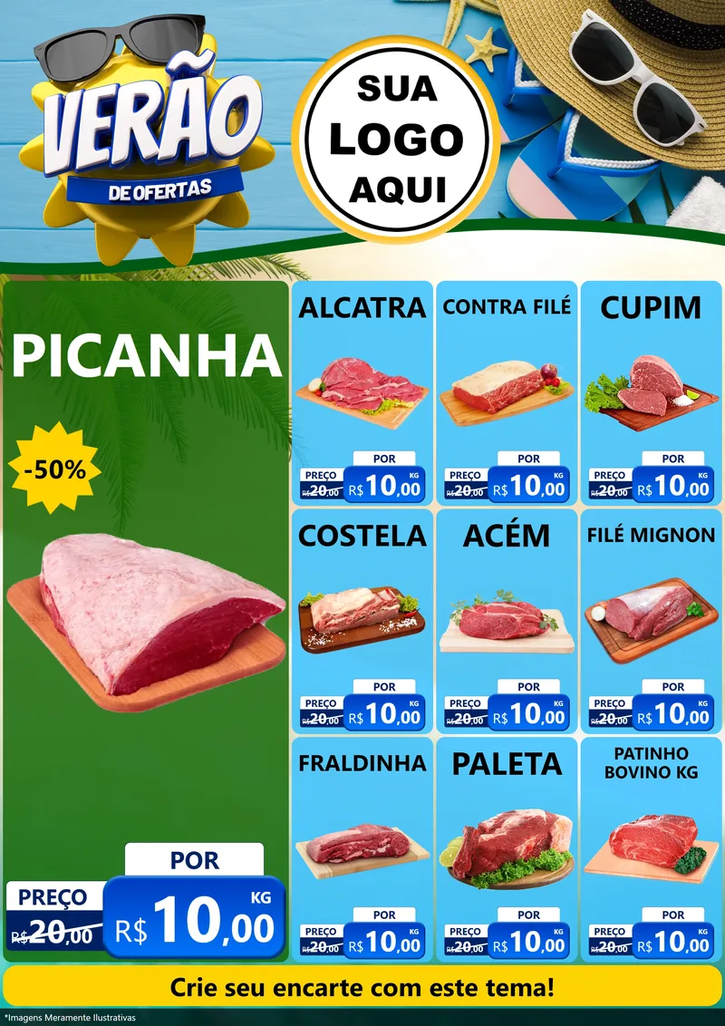 Modelo de Encarte para Encarte A4 Vertical com o tema Verão de Ofertas para Açougue