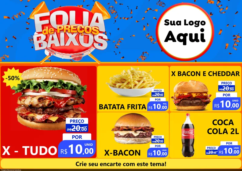 Modelo de Encarte para Encarte A4 Horizontal com o tema Folia de Preços Baixos para Hamburgueria