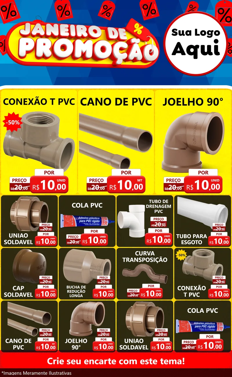 Modelo de Encarte para Encarte Grande com o tema Janeiro de Promoção para Tubos e conexões