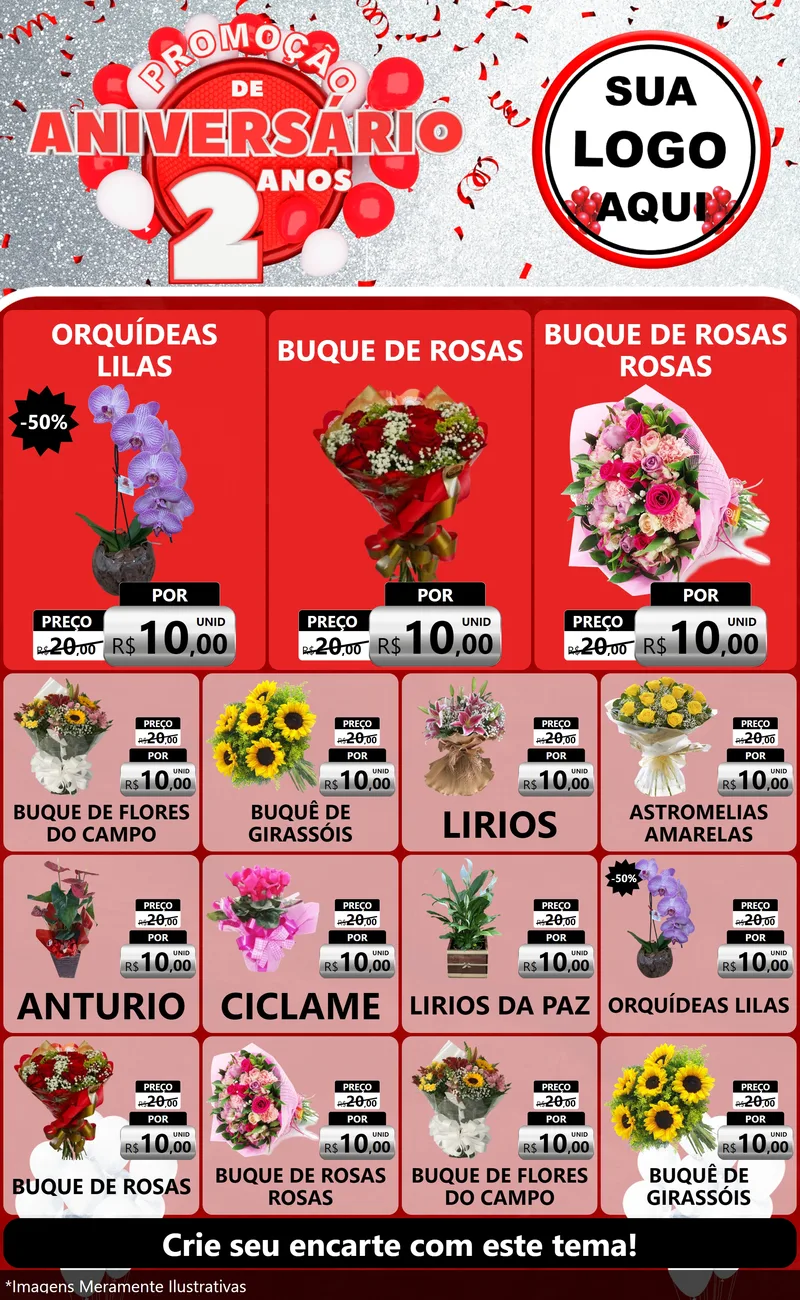 Modelo de Encarte para Encarte Grande com o tema Promoção de Aniversário - 2 Anos para Floricultura e jardim