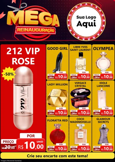 Modelo de Encarte para Encarte A4 Vertical com o tema Mega Reinauguração para Perfumes