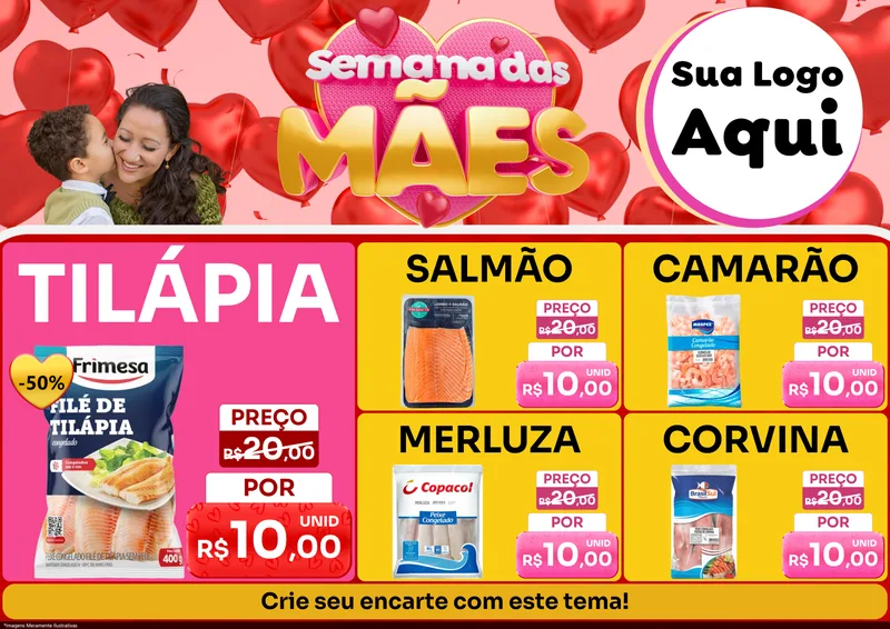 Modelo de Encarte para Encarte A4 Horizontal com o tema Semana Das Mães para Peixaria
