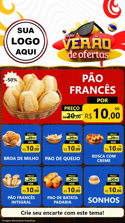 Modelo de Rede Social para Stories com o tema Super Verão de Ofertas para Padaria