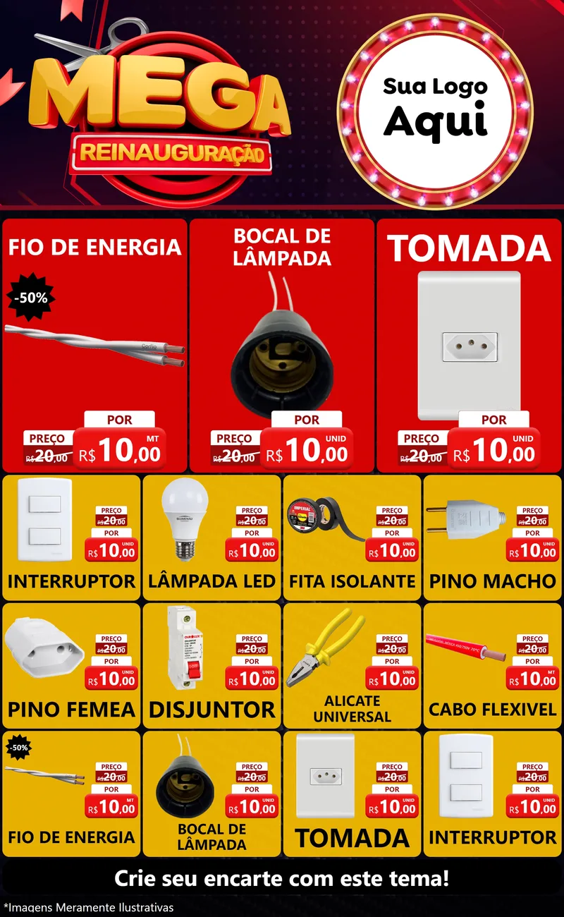 Modelo de Encarte para Encarte Grande com o tema Mega Reinauguração para Materiais Elétricos
