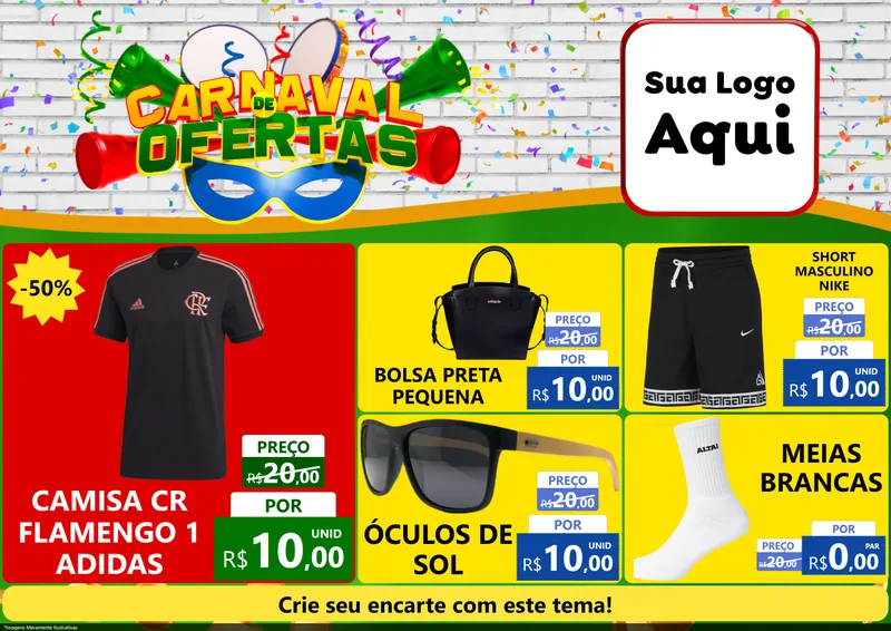 Modelo de Encarte para Encarte A4 Horizontal com o tema Carnaval de Ofertas para Roupas e acessórios