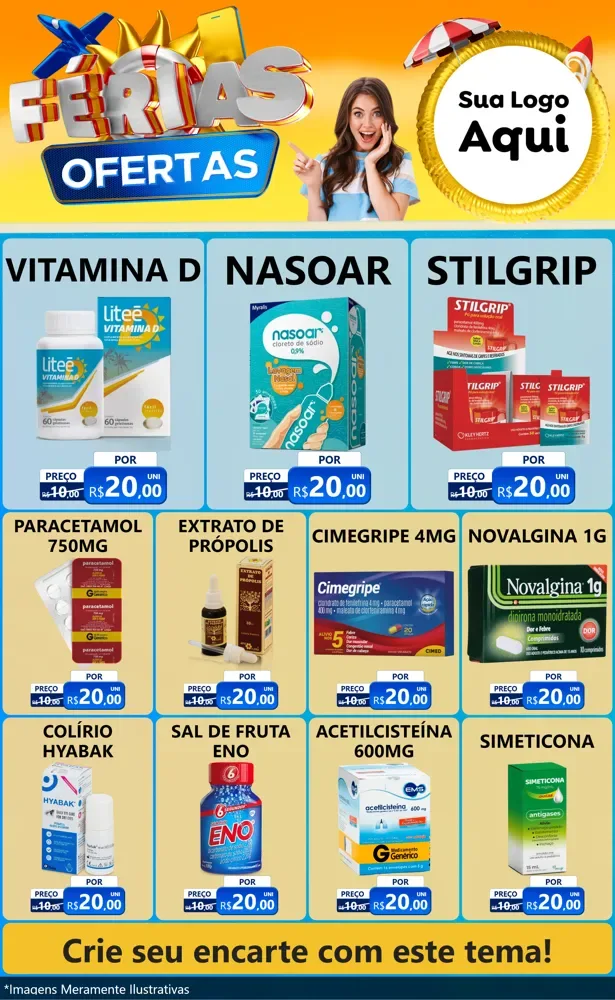 Modelo de Encarte para Encarte Grande com o tema Ofertas - Férias para Farmácia