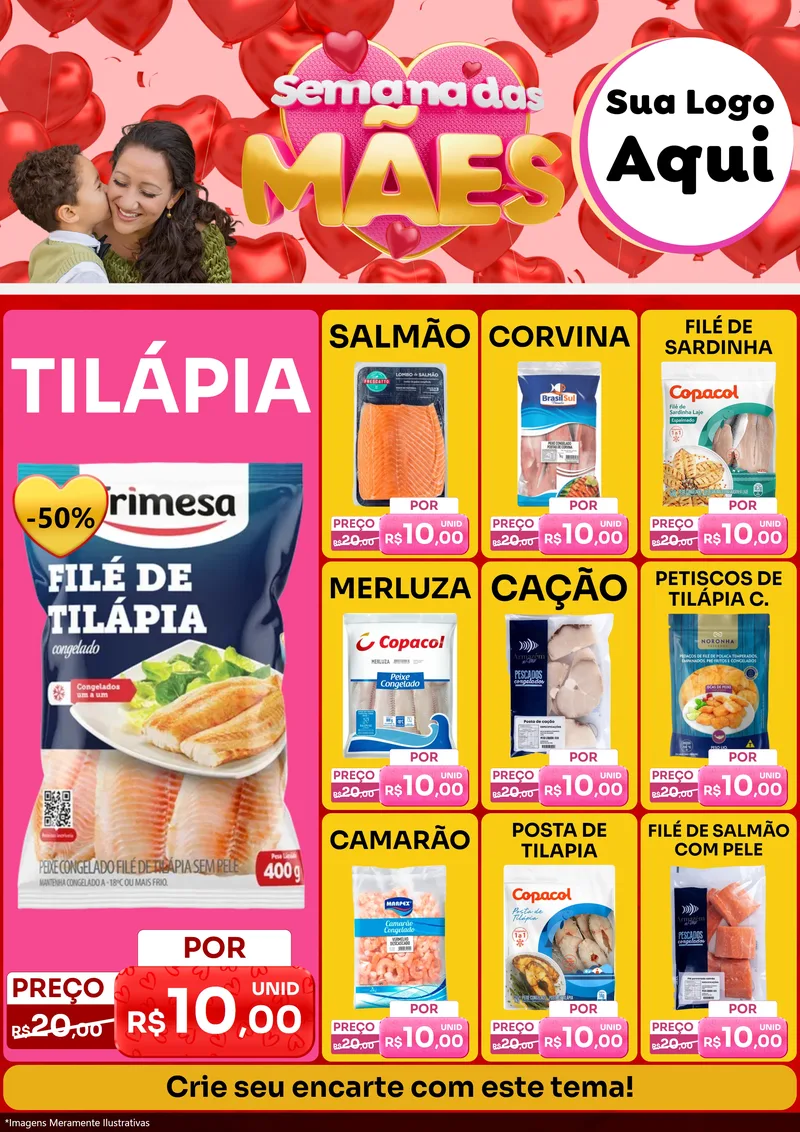 Modelo de Encarte para Encarte A4 Vertical com o tema Semana Das Mães para Peixaria